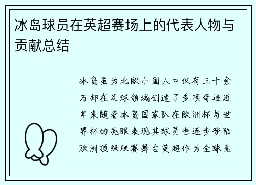 冰岛球员在英超赛场上的代表人物与贡献总结
